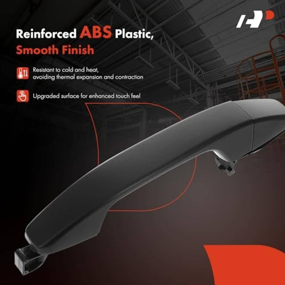 Front passenger exterior door handle close-up, smooth matte black finish