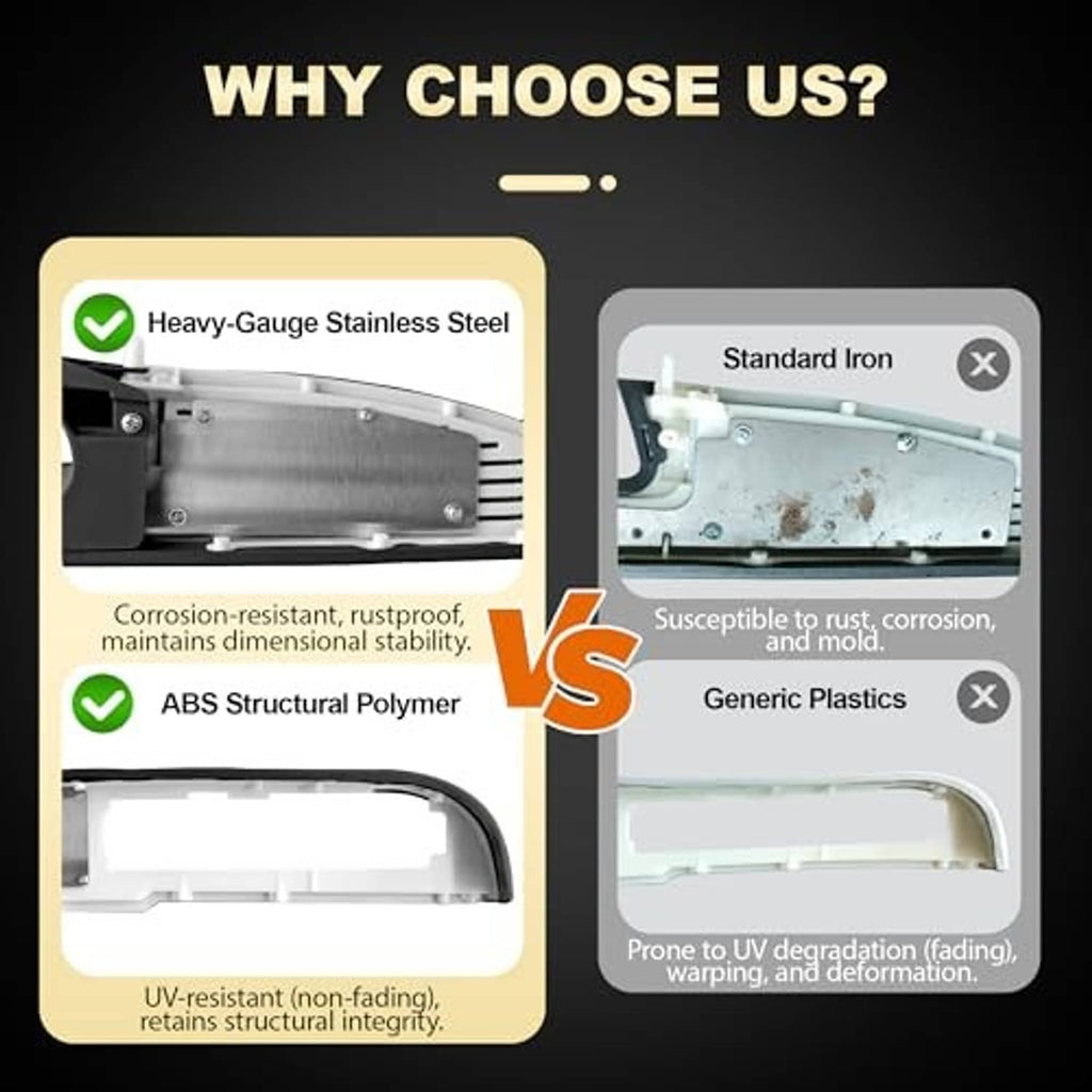 Armrest materials comparison graphic: stainless steel and ABS polymer vs generic plastics