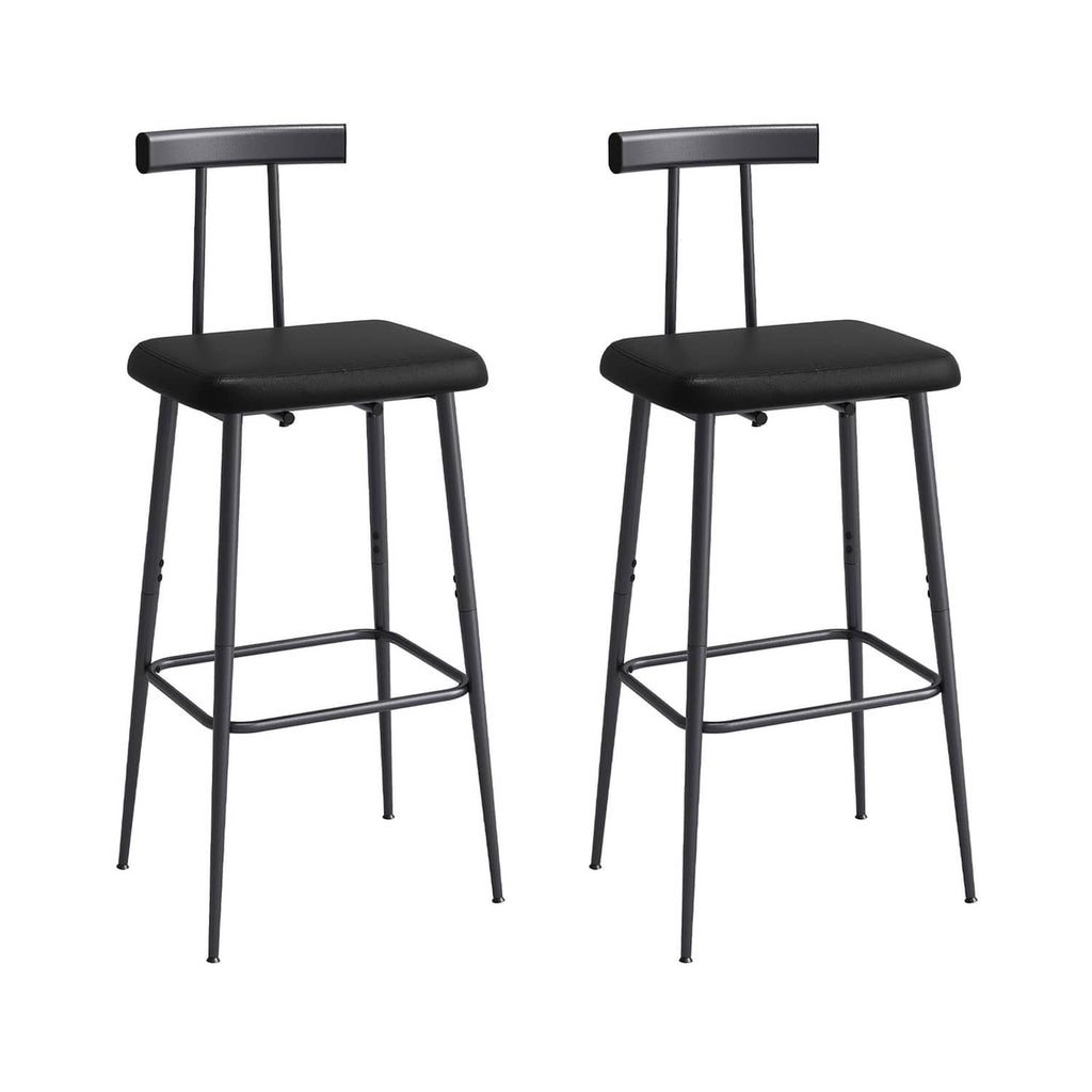 Set of 2 black bar stools with padded round seats and footrest, metal legs