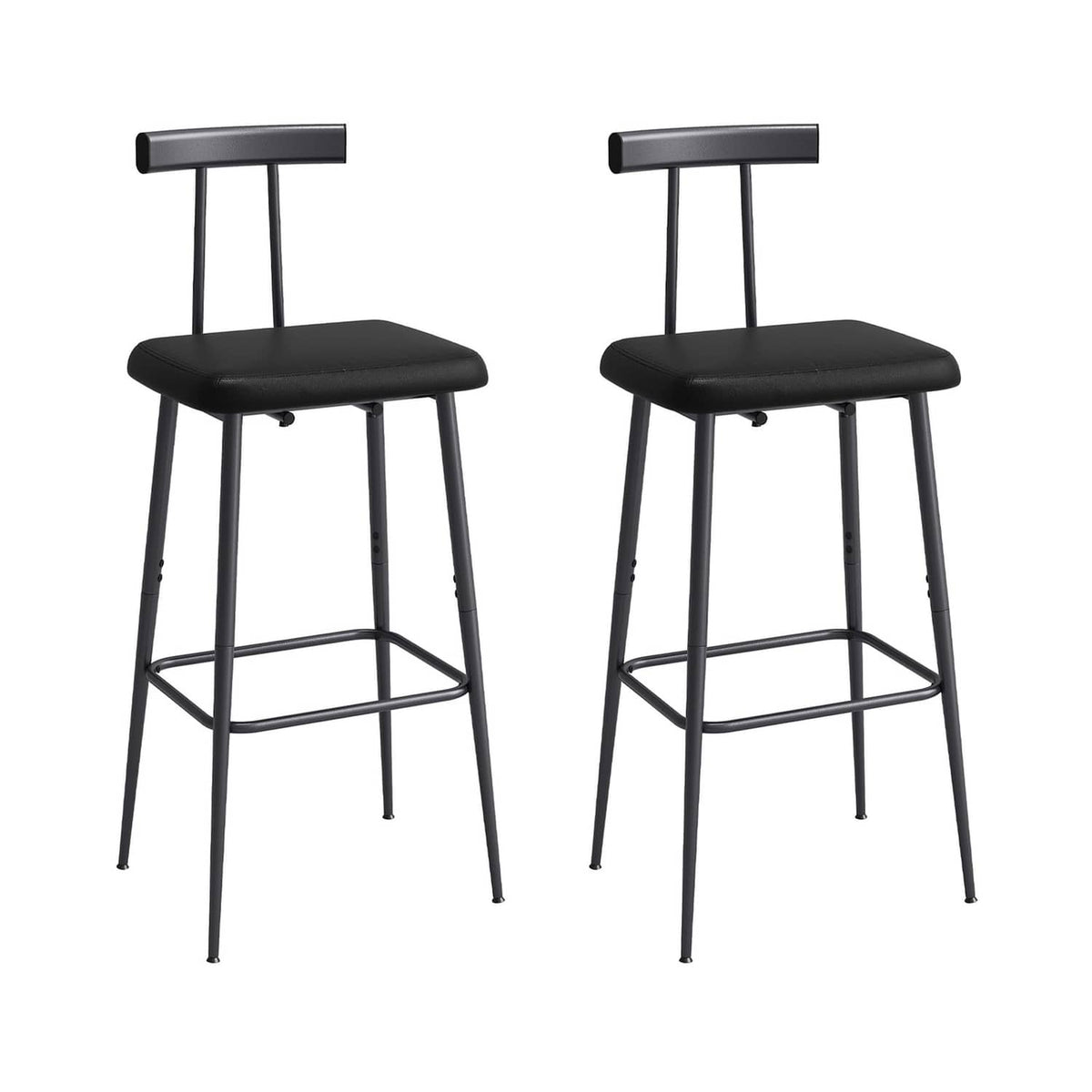 Set of 2 black bar stools with padded round seats and footrest, metal legs