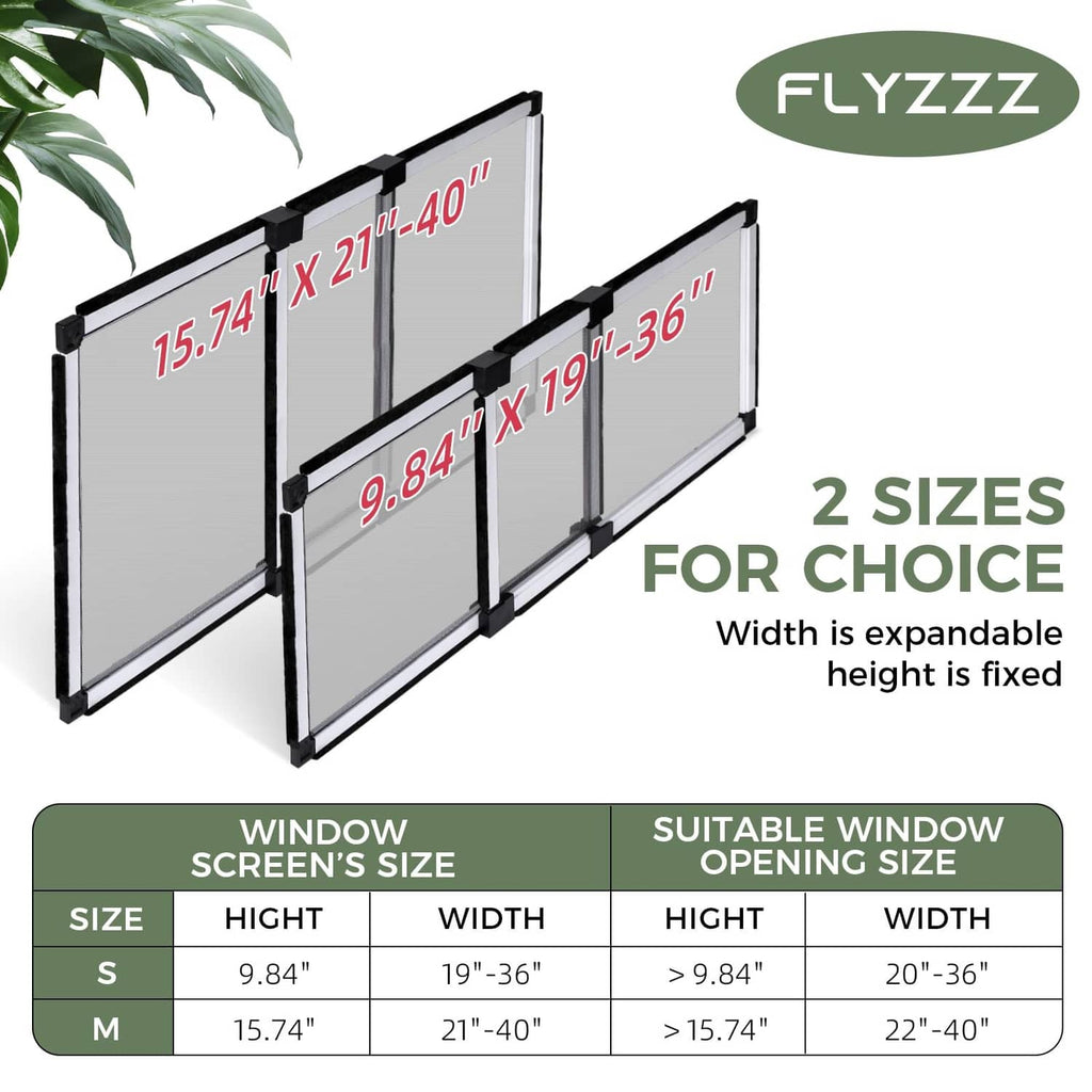 Adjustable window screen panels with black frame and grey mesh, two sizes shown