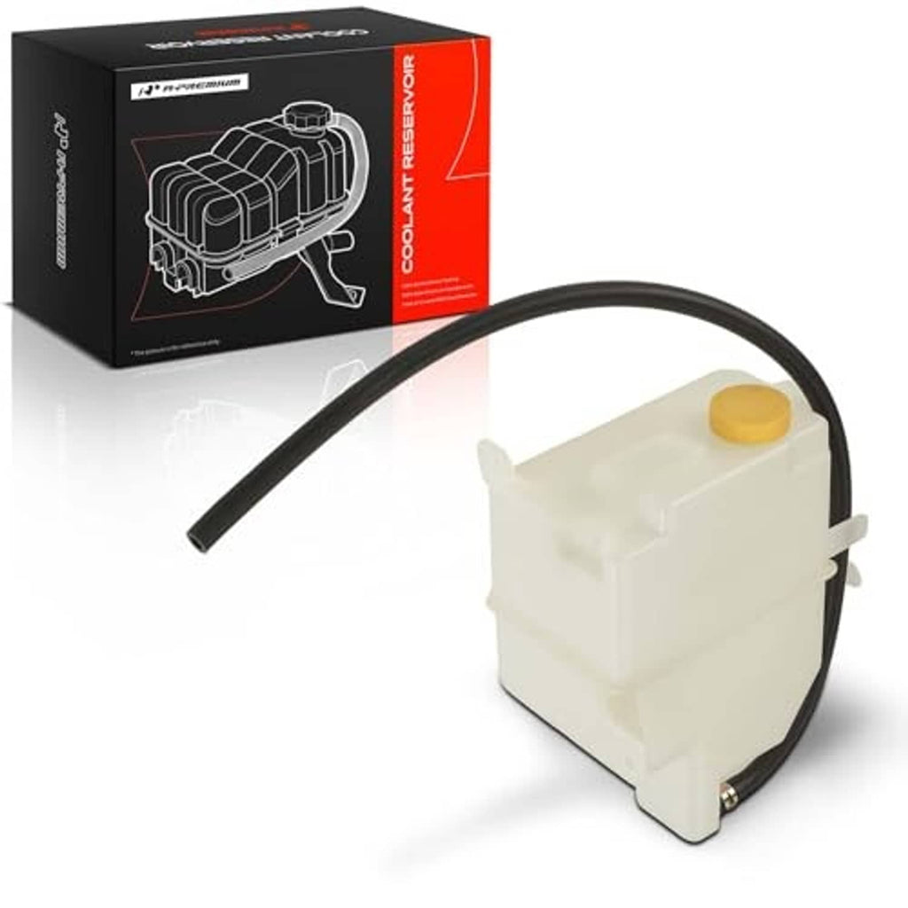 Engine coolant recovery reservoir tank with curved black hose and yellow cap