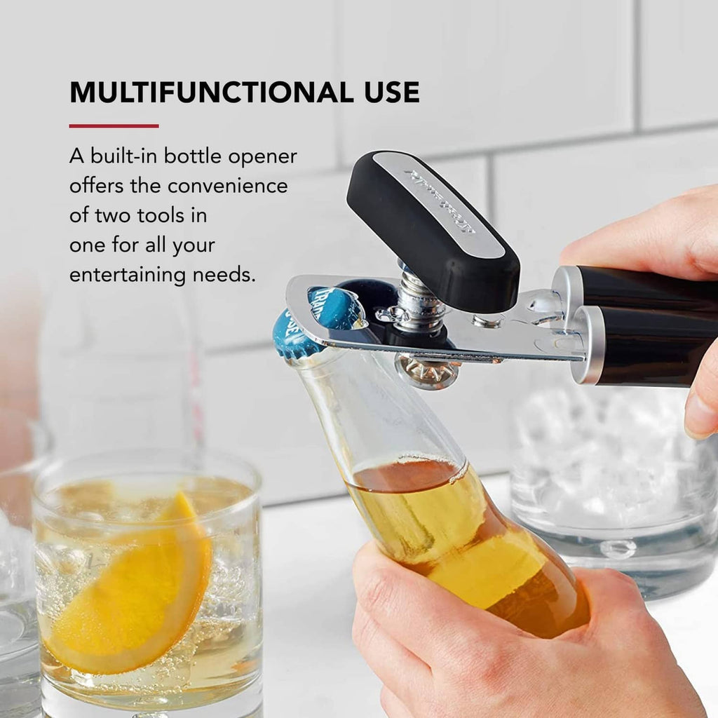 Black can opener with built-in bottle opener for multitool use