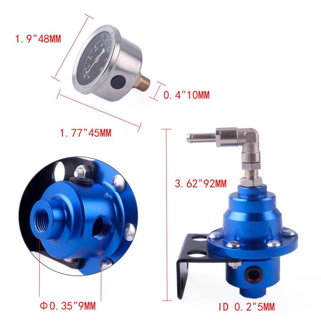 Adjustable fuel pressure regulator gauge with blue body and silver dial, shown with dimensions