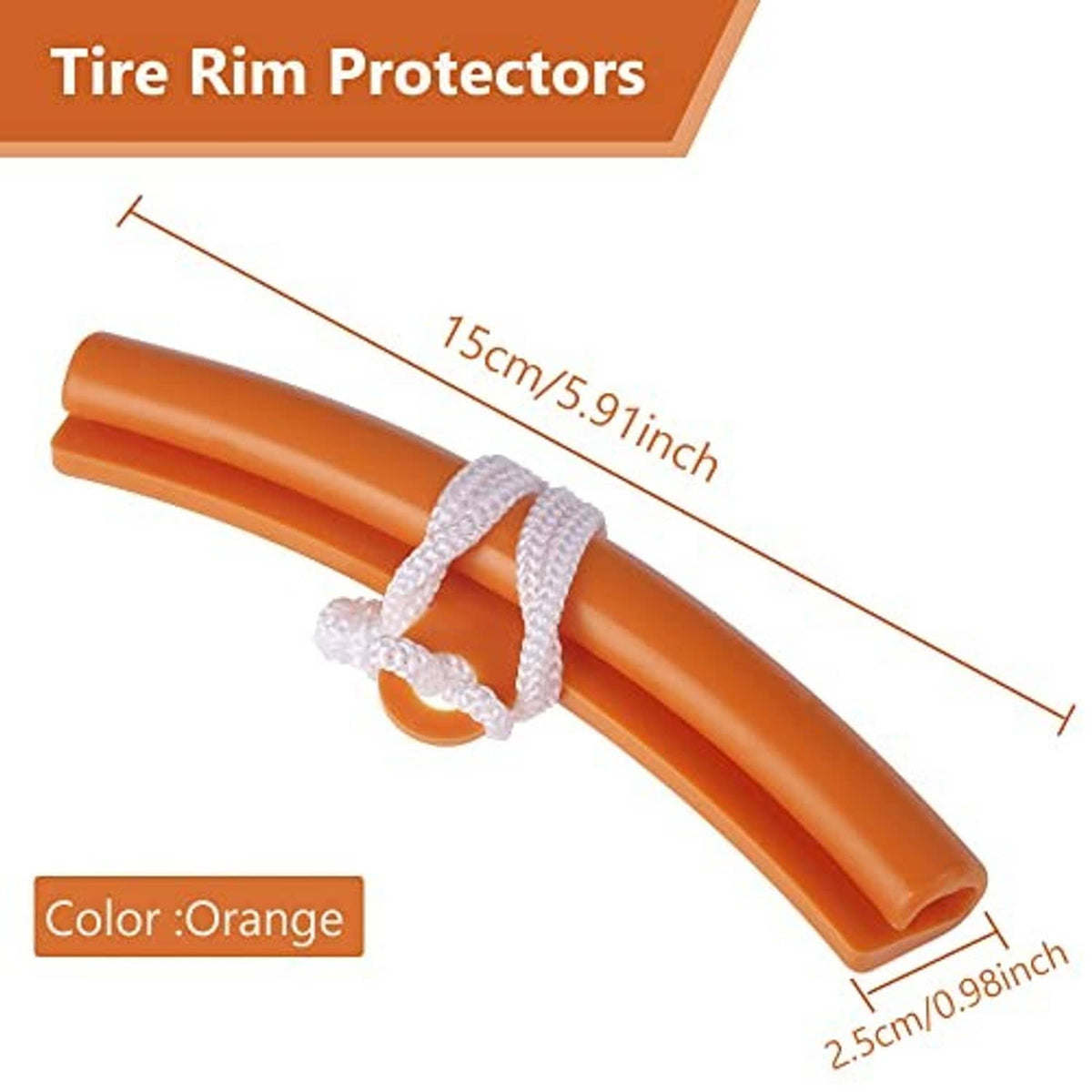 Orange curved rim protector with white braided tie cord for wheel edge protection