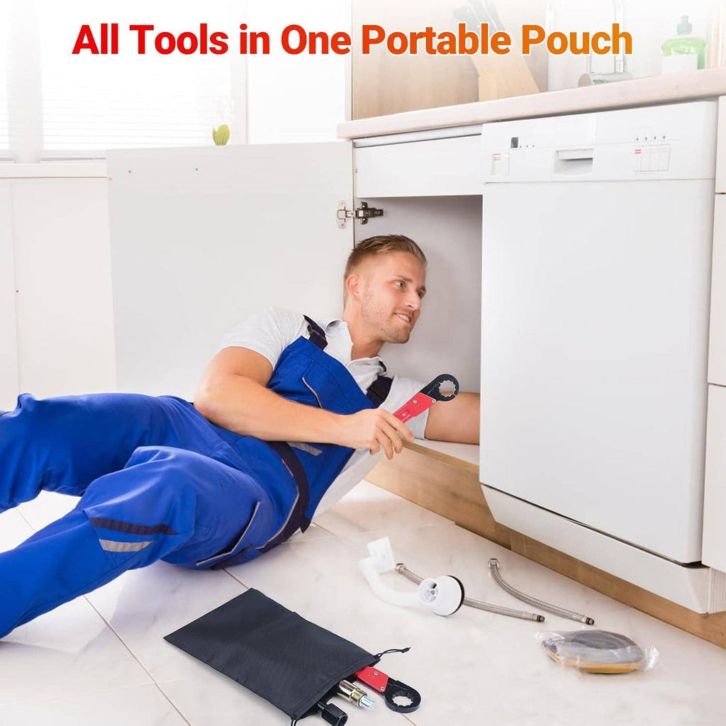 Angle stop wrench kit and sandpaper pouch laid out on a kitchen counter