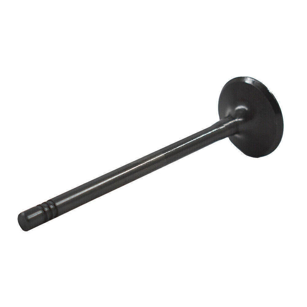 Metal engine valve with round disc head and long threaded stem, black finish.