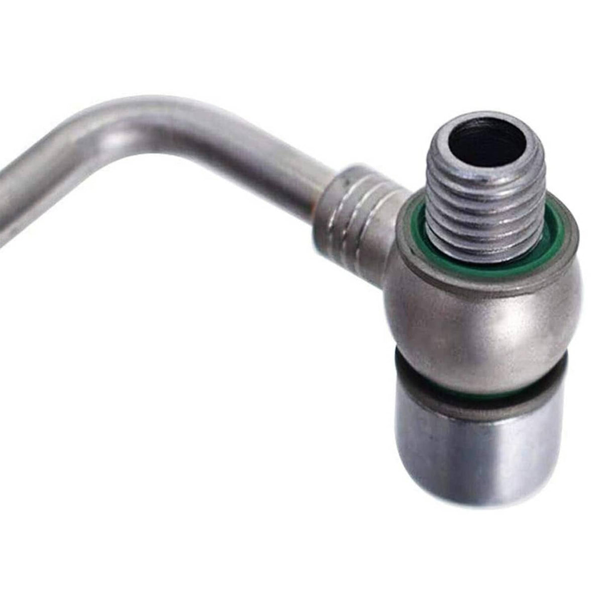 Turbo oil feed pipe tube with threaded end, rounded elbow, and green O-ring seal