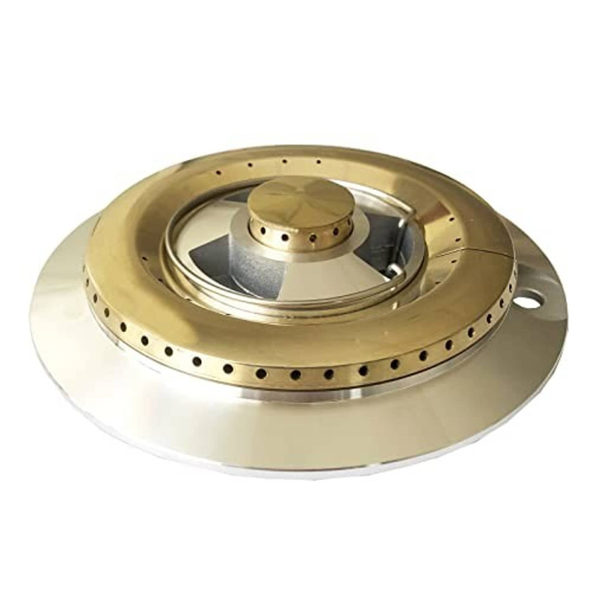 Brass burner head with circular flame ring and silver outer guard, angled view