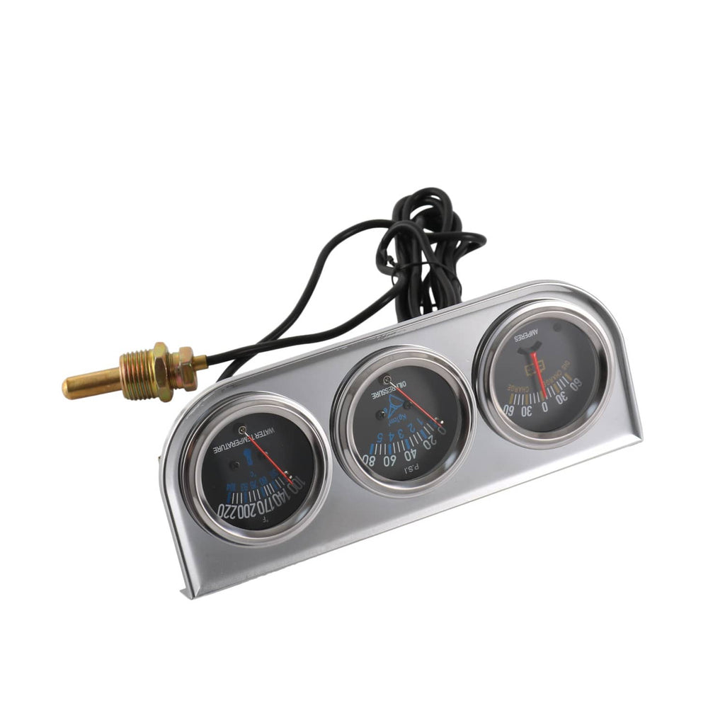 Chrome triple gauge set with three round meters and black wiring harness