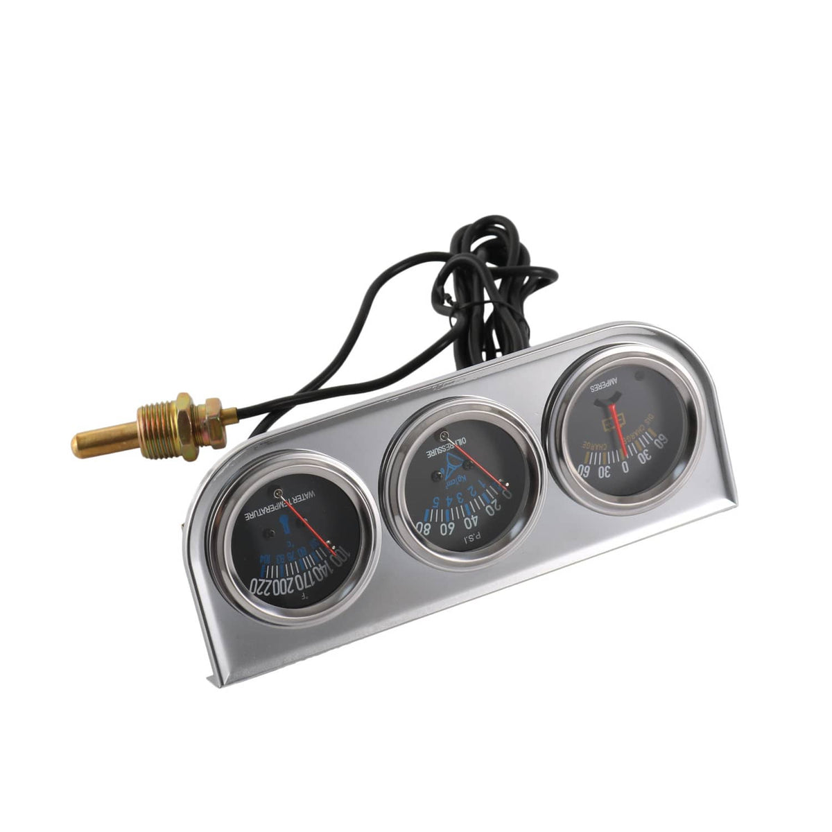Chrome triple gauge set with three round meters and black wiring harness