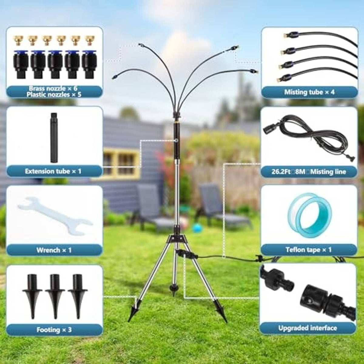 Outdoor patio misting system kit with misting tower, hoses, multiple nozzles, and tools.