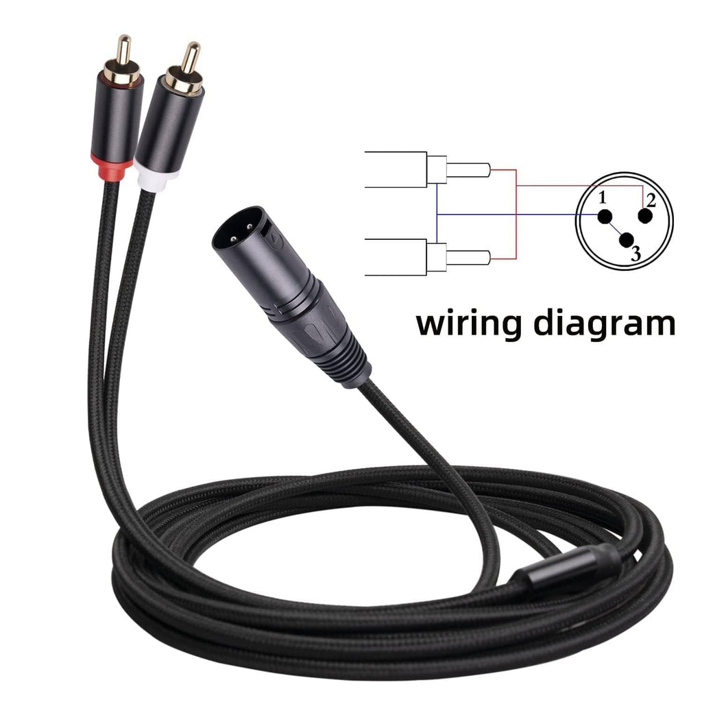 Dual RCA to XLR male splitter cable with two RCA plugs and a 3-pin XLR male plug