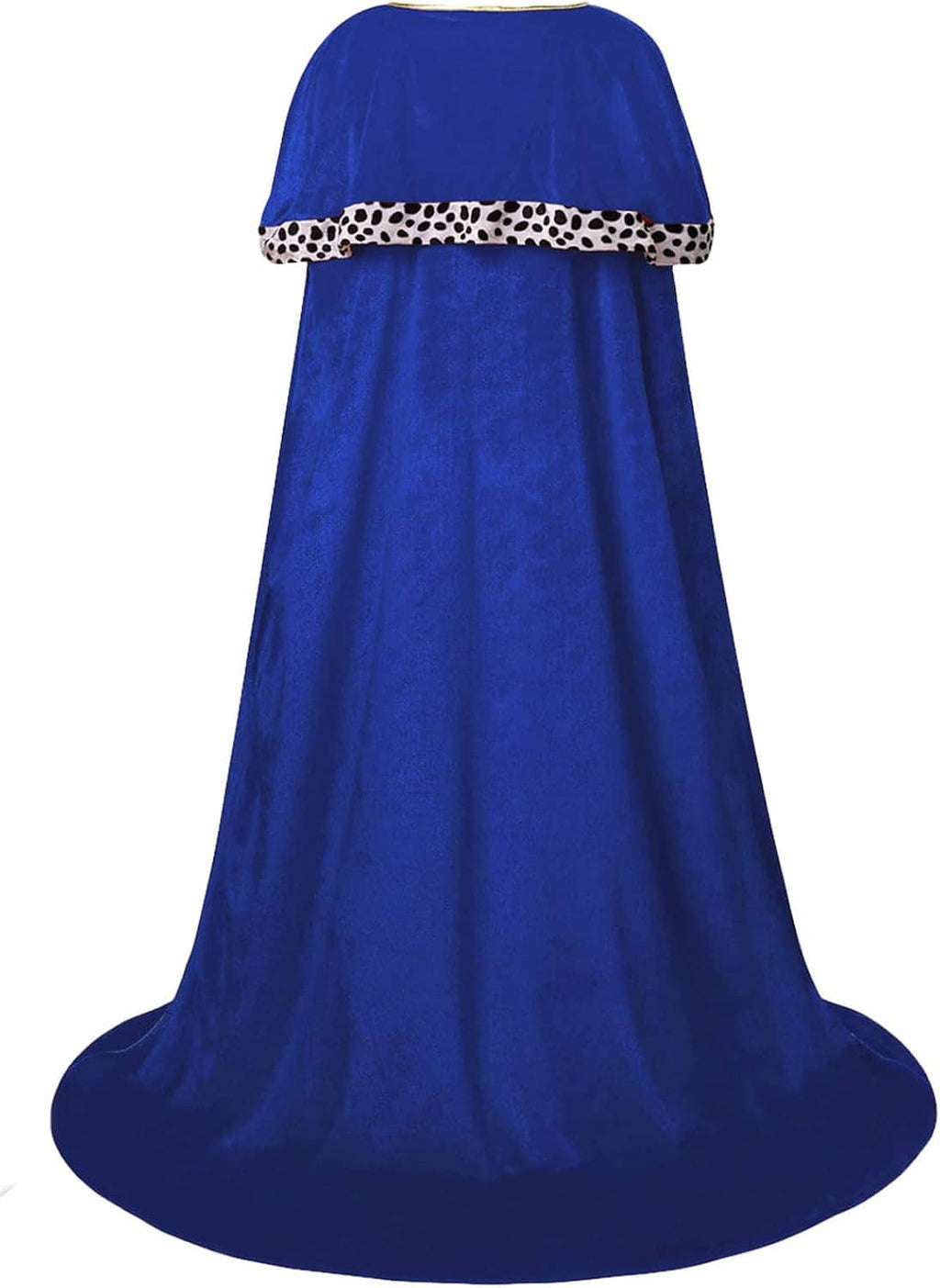 Back view of royal blue full-length velvet cloak robe with leopard-print trim at hem