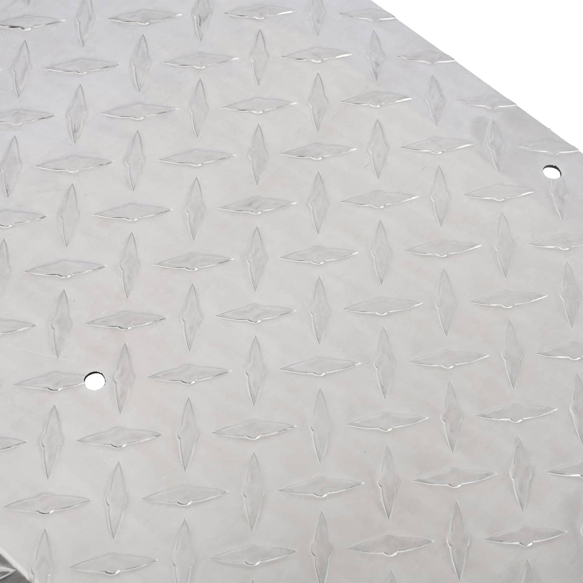 Aluminum diamond plate texture sheet with repeated diamond shapes and round mounting holes