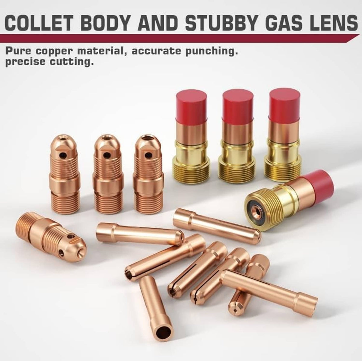 Copper TIG collet body and stubby gas lenses with red caps and nozzle components