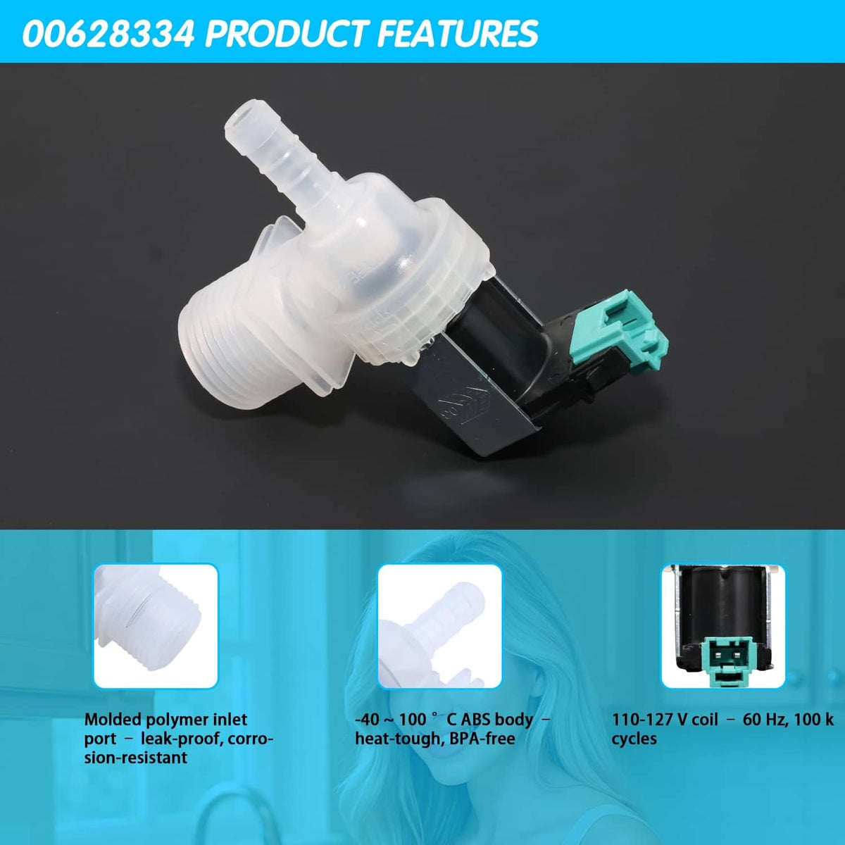 Close-up of white dishwasher inlet valve with teal connector and black base