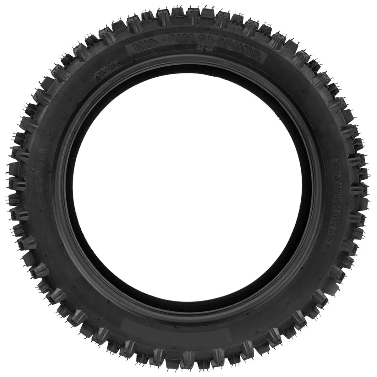 Single black knobby tire with deep tread blocks for off-road riding