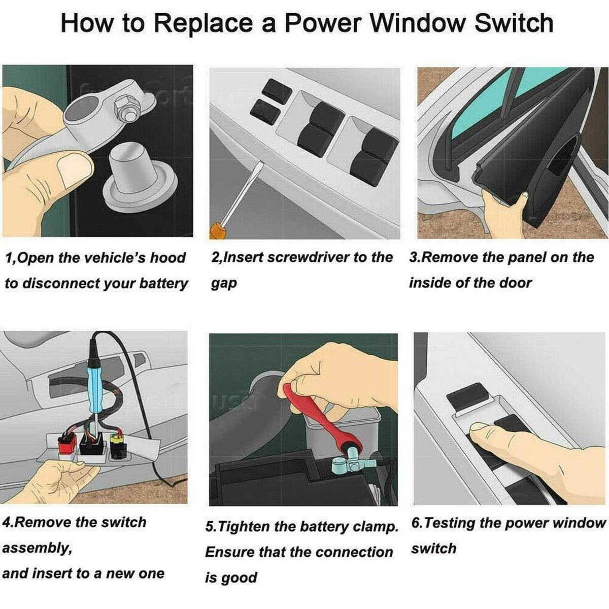 Power window switch replacement instruction diagram with hand tools and door panel steps