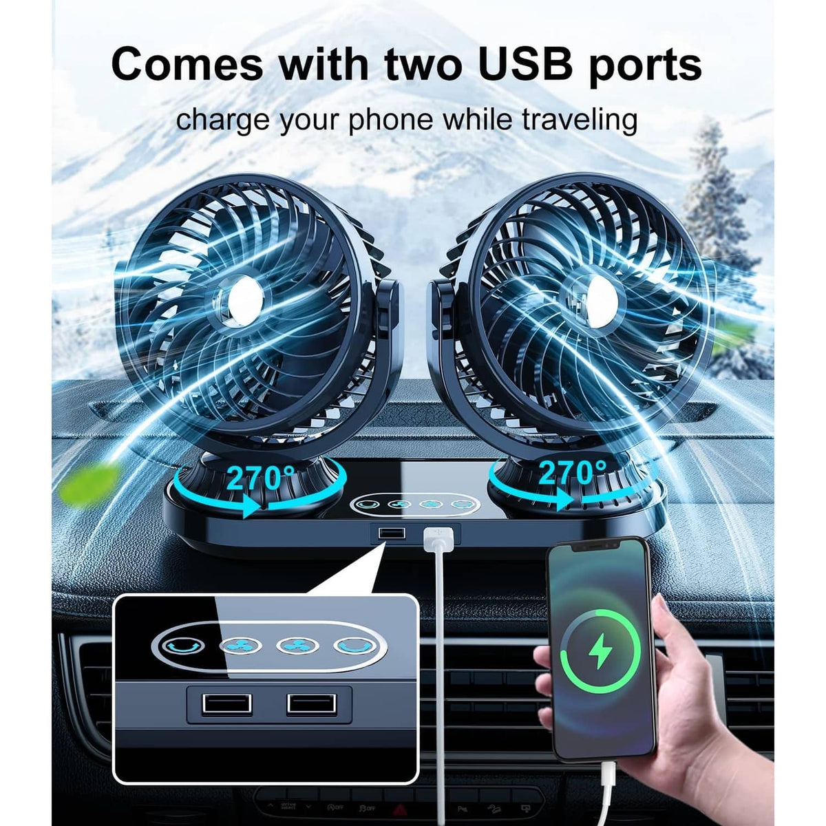 Dual-head car dashboard fan with two USB ports on the base and two fan heads