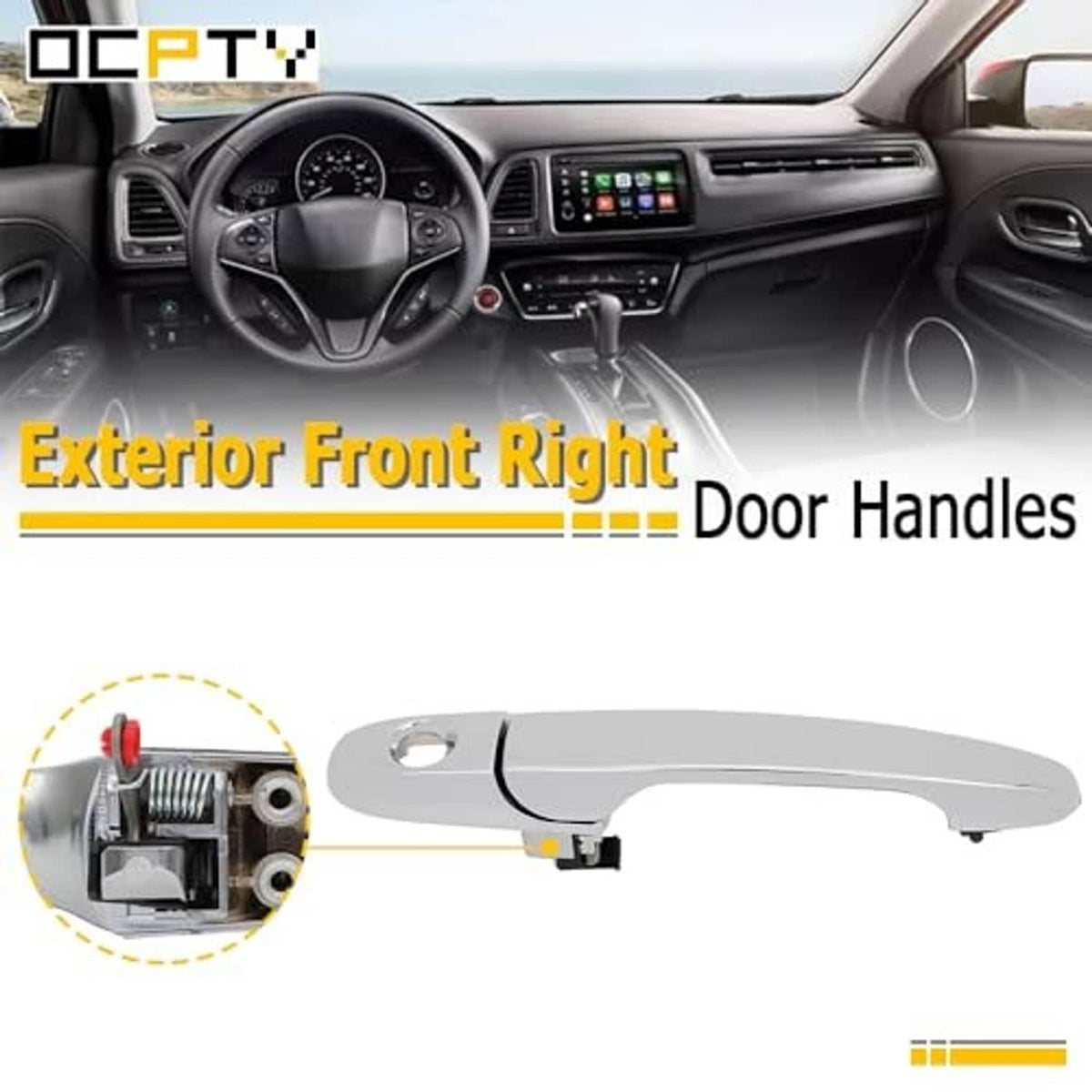 Exterior front right door handle beside car interior dashboard, silver-gray with black insert