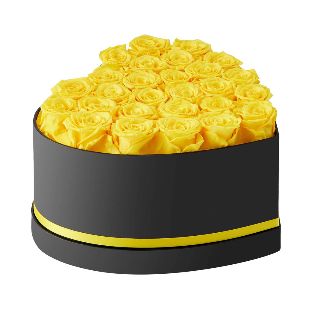 Black cylindrical box of yellow preserved roses with yellow trim band