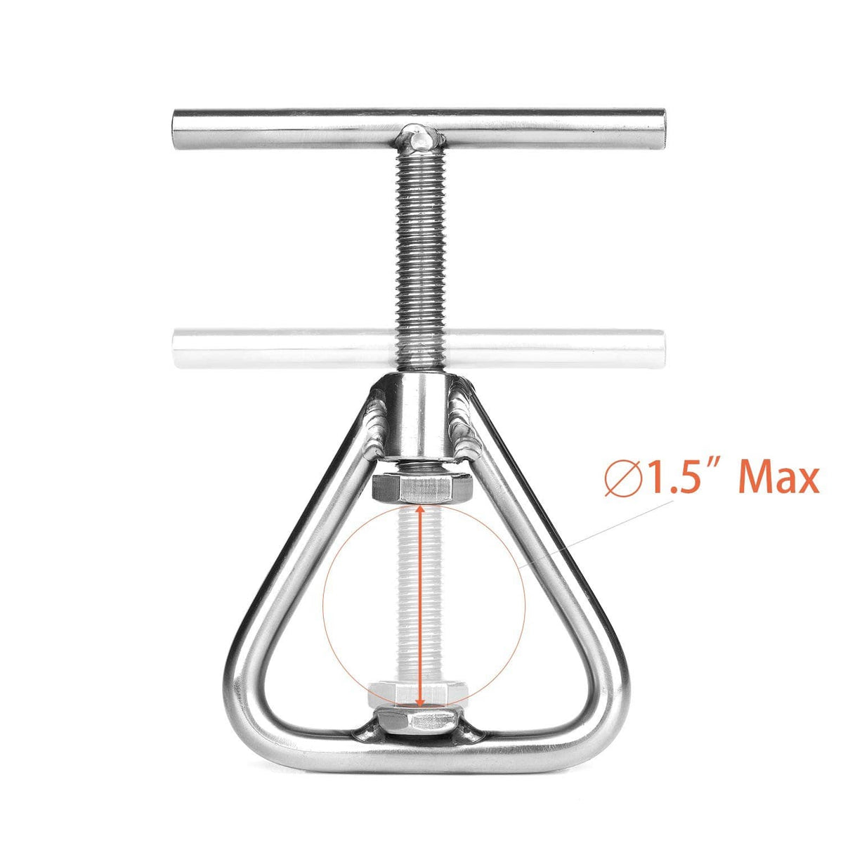 Stainless steel nut cracker with threaded screw, U-shaped jaws, and base
