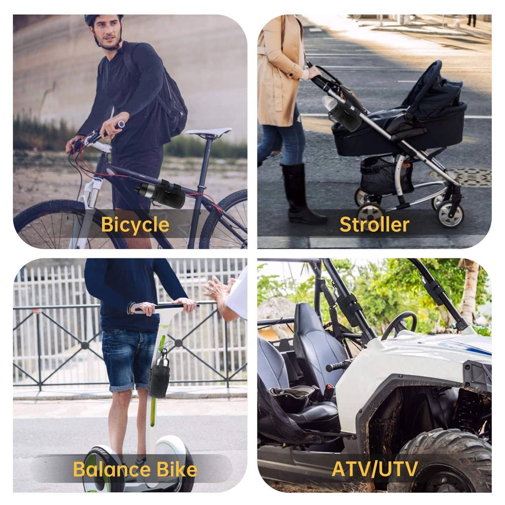 Black cup holder with strap shown on bicycle and stroller