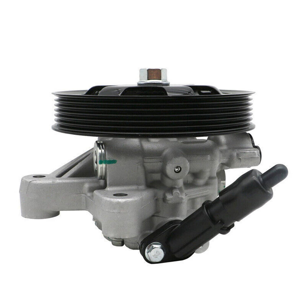 Power steering pump with black pulley and gray body, front connector and side hose