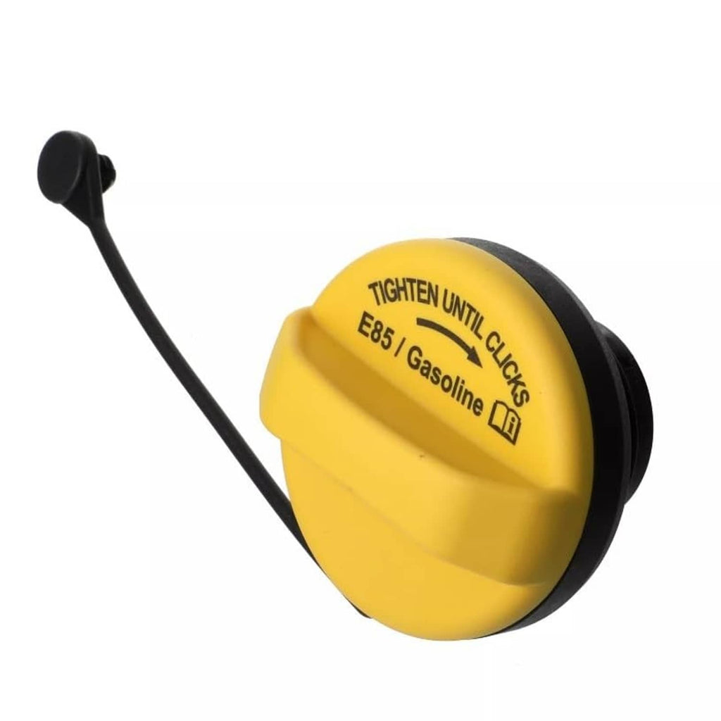 Yellow fuel filler cap with black hose, “E85/Gasoline” label