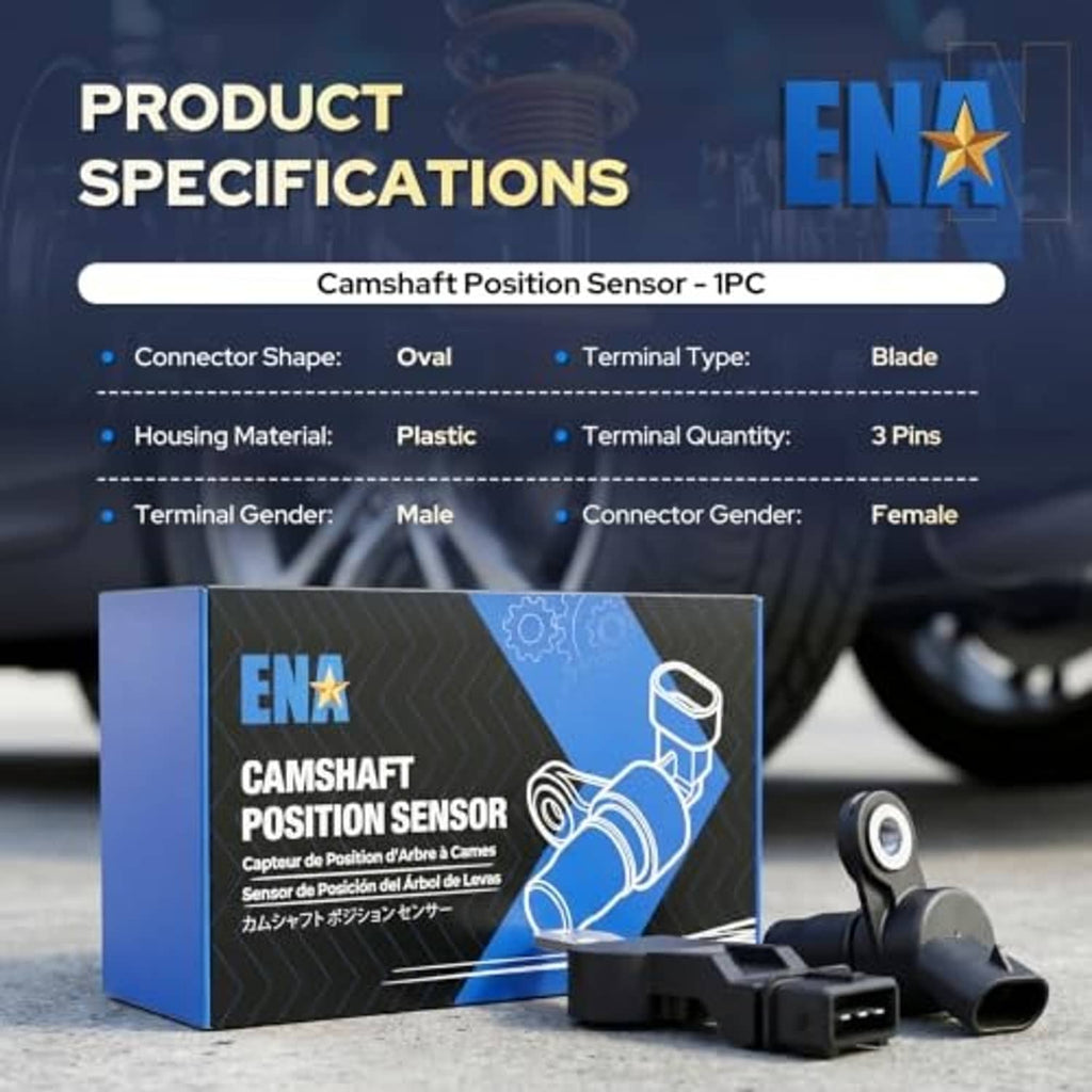 Camshaft position sensor specifications graphic showing 3-pin connector details