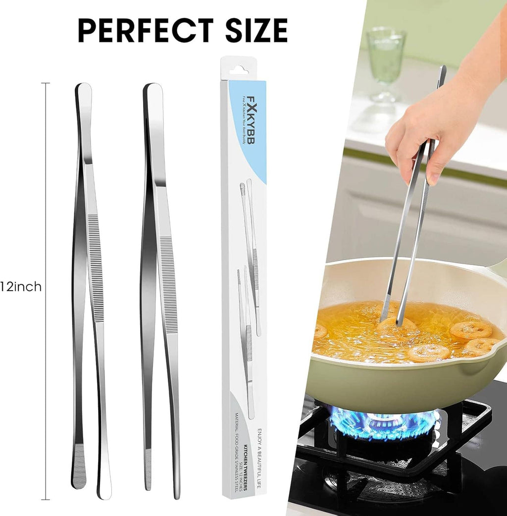 12-inch stainless steel kitchen tweezers with tapered ends and serrated ridged grip