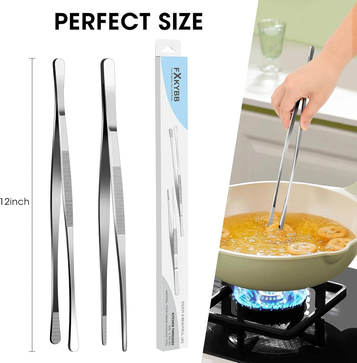 12-inch stainless steel kitchen tweezers with tapered ends and serrated ridged grip