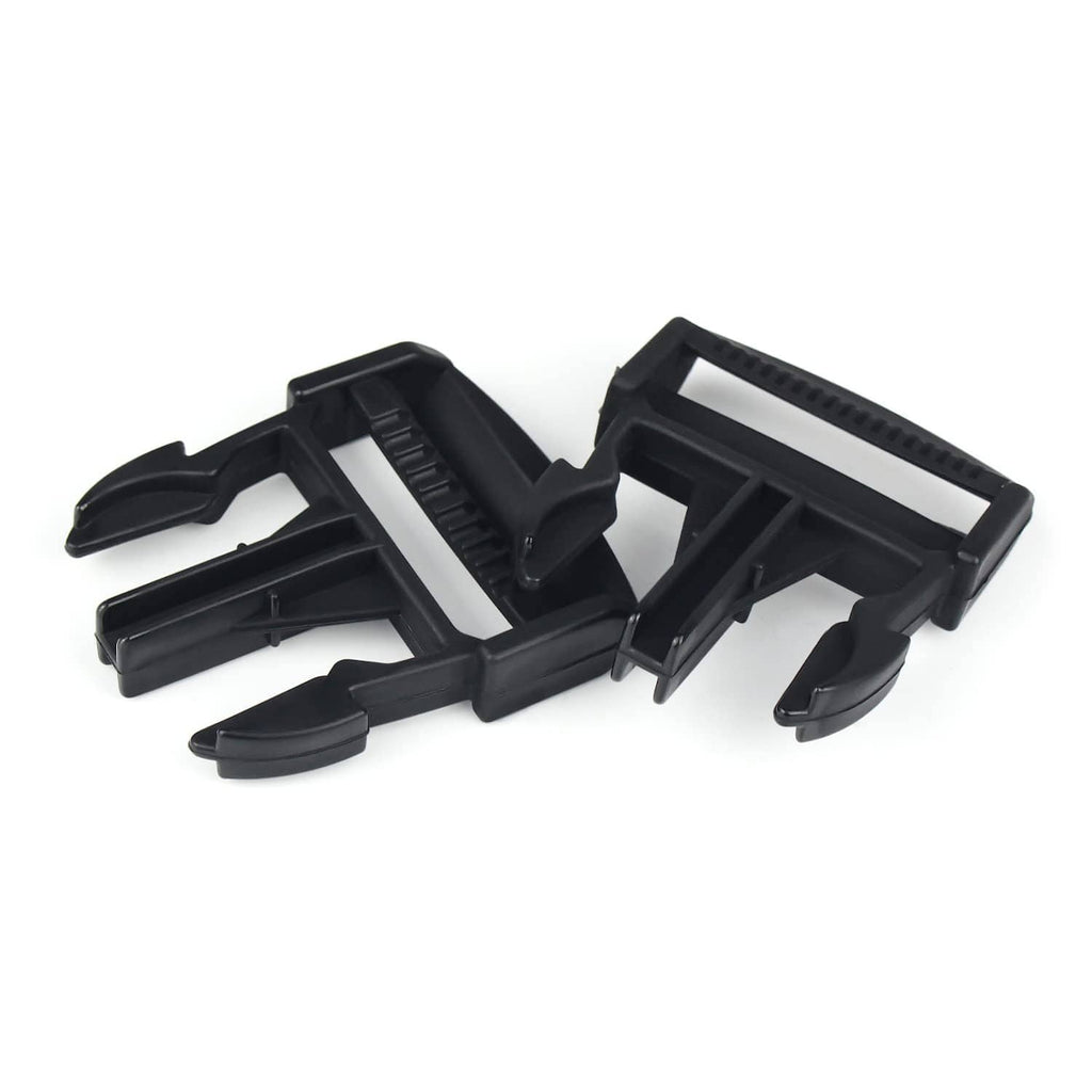 Black door net buckle clips, two pieces with serrated rails and snap tabs