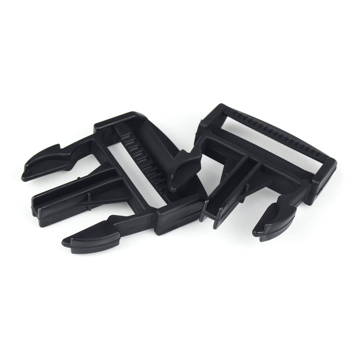 Black door net buckle clips, two pieces with serrated rails and snap tabs