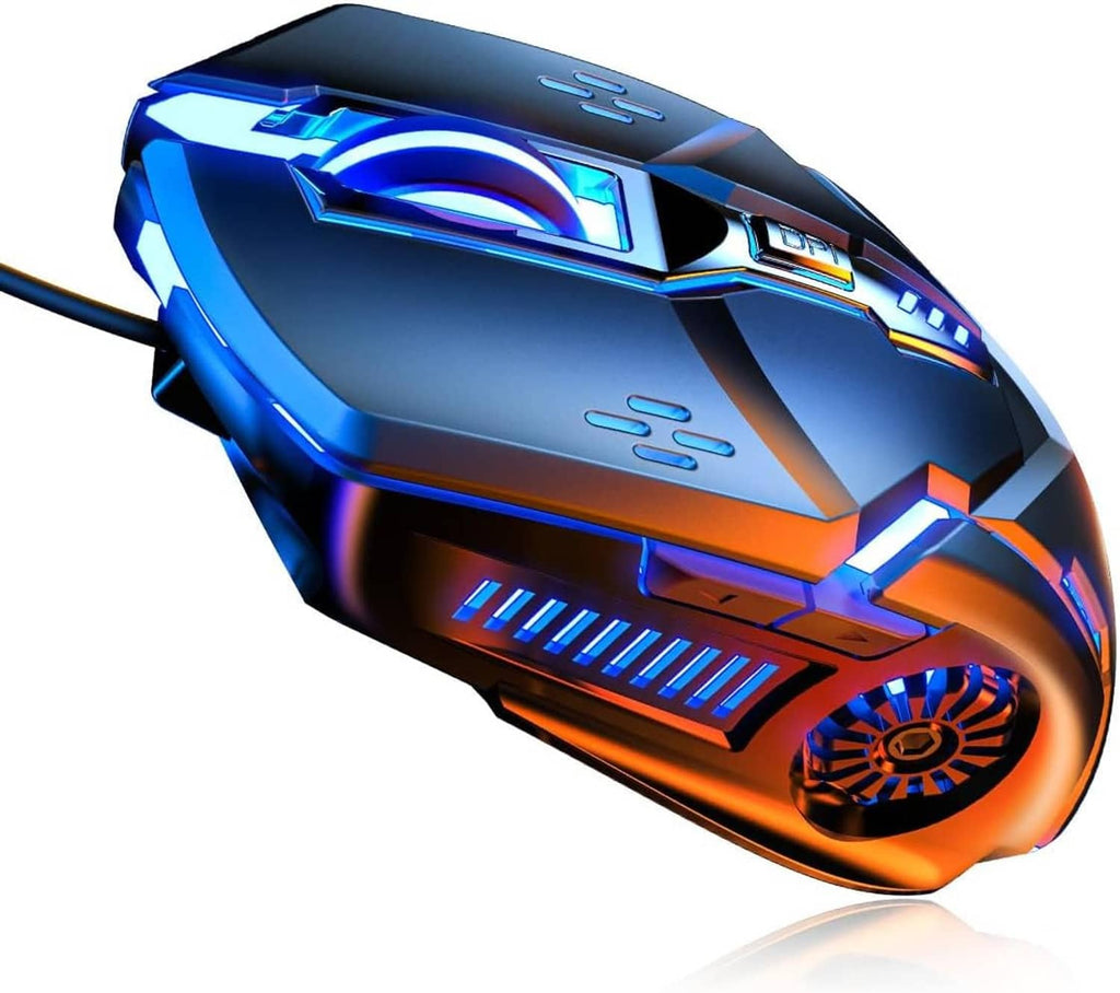 Wired gaming mouse, black with orange accents and blue RGB light strips