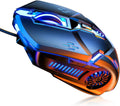 Wired gaming mouse, black with orange accents and blue RGB light strips