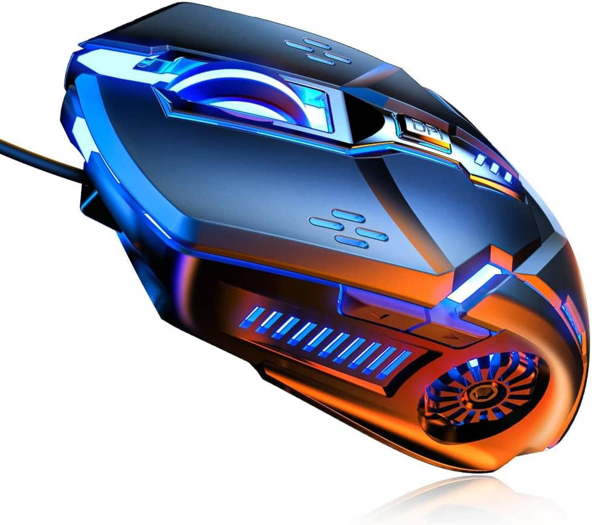 Wired gaming mouse, black with orange accents and blue RGB light strips