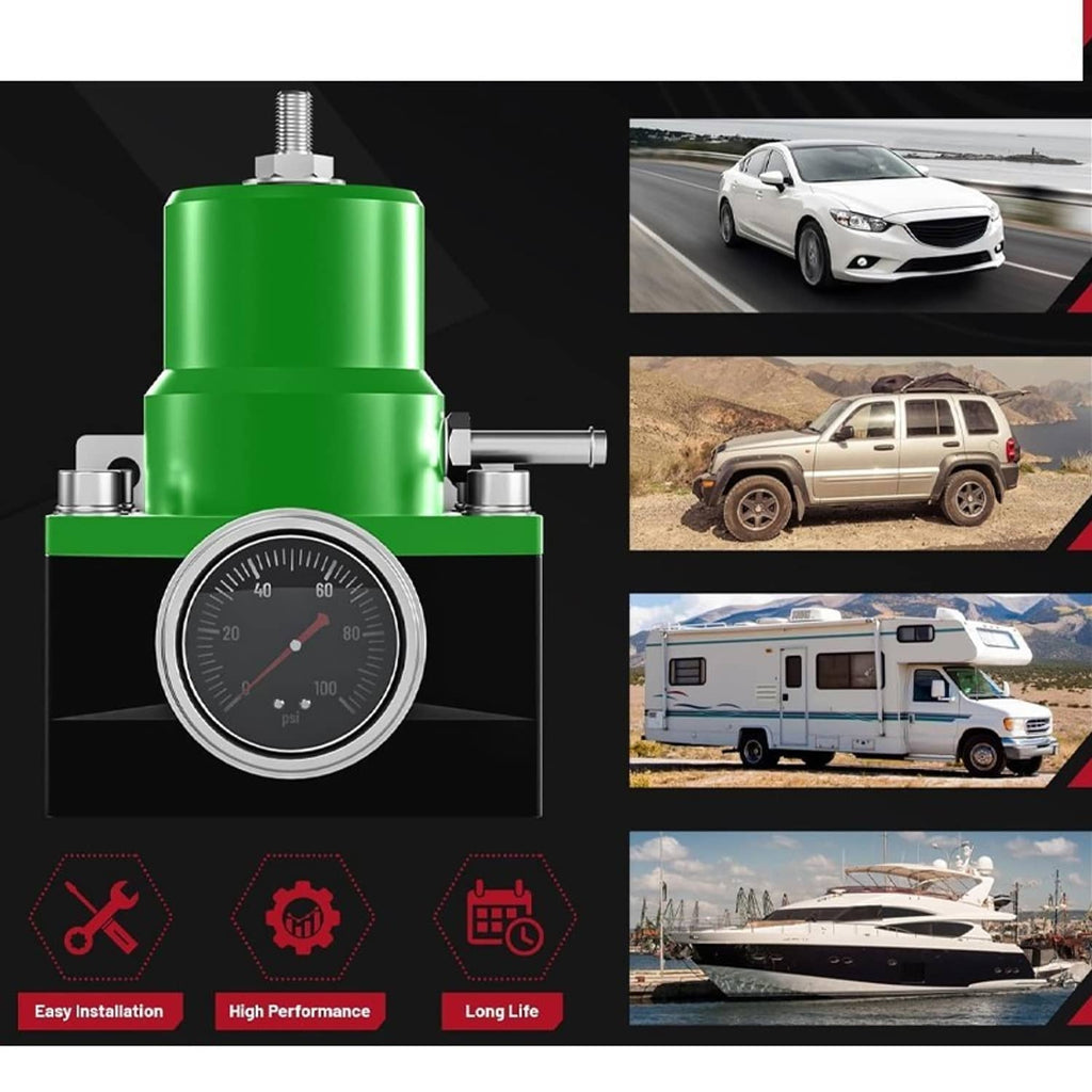 Green adjustable fuel pressure regulator with pressure gauge and bundled braided fuel lines