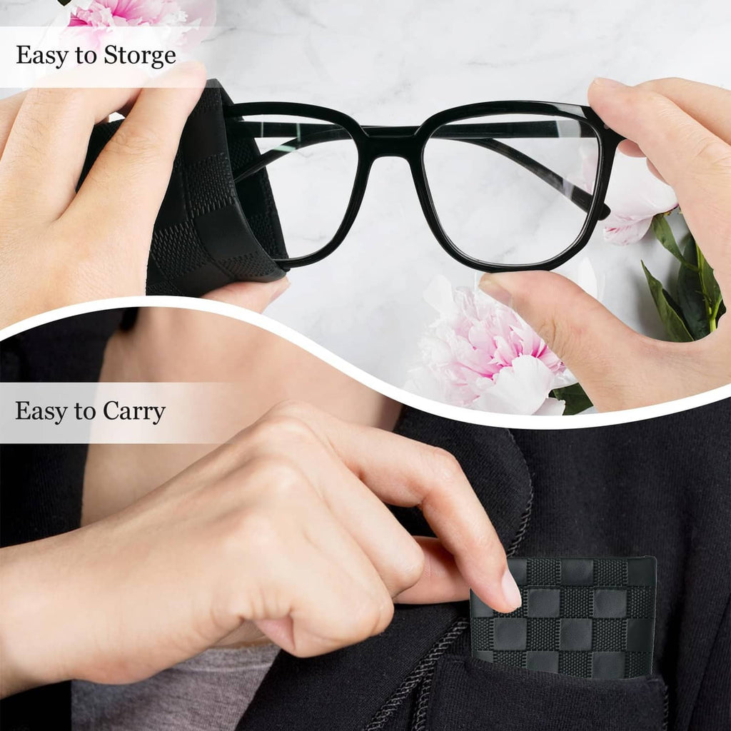 Black checkered squeeze-top sunglasses case being stored and carried in a pocket