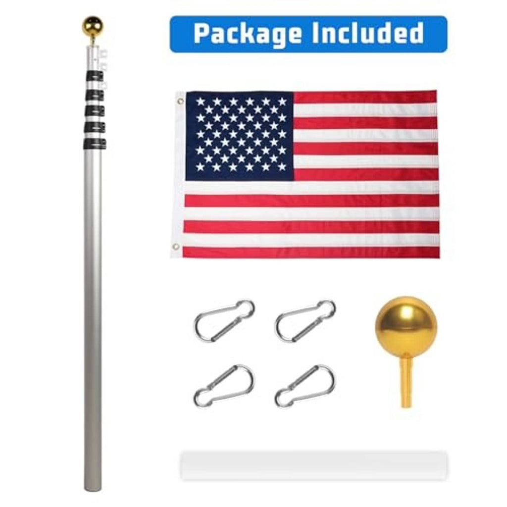 Telescopic flag pole kit with U.S. flag, clips, and gold finial