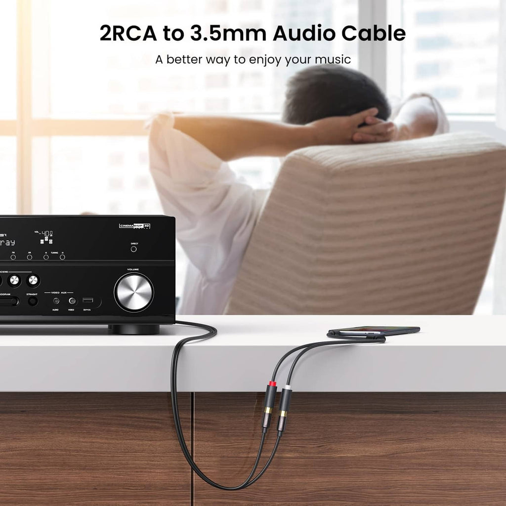Dual RCA to 3.5mm audio adapter cable with black jacket and gold-plated ends