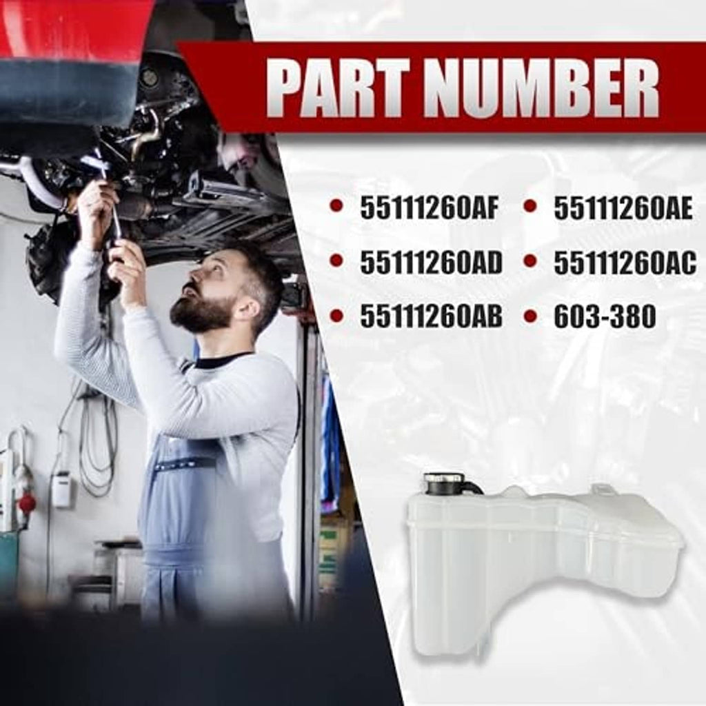 Coolant reservoir tank with cap and part number list, includes 603-380