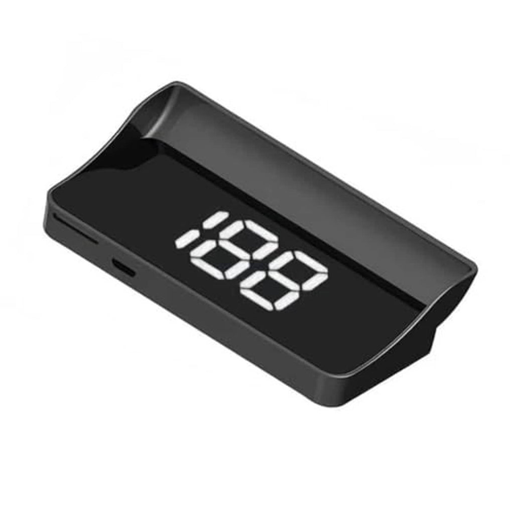 Car heads-up display with white digit speed readout on dark screen, black housing