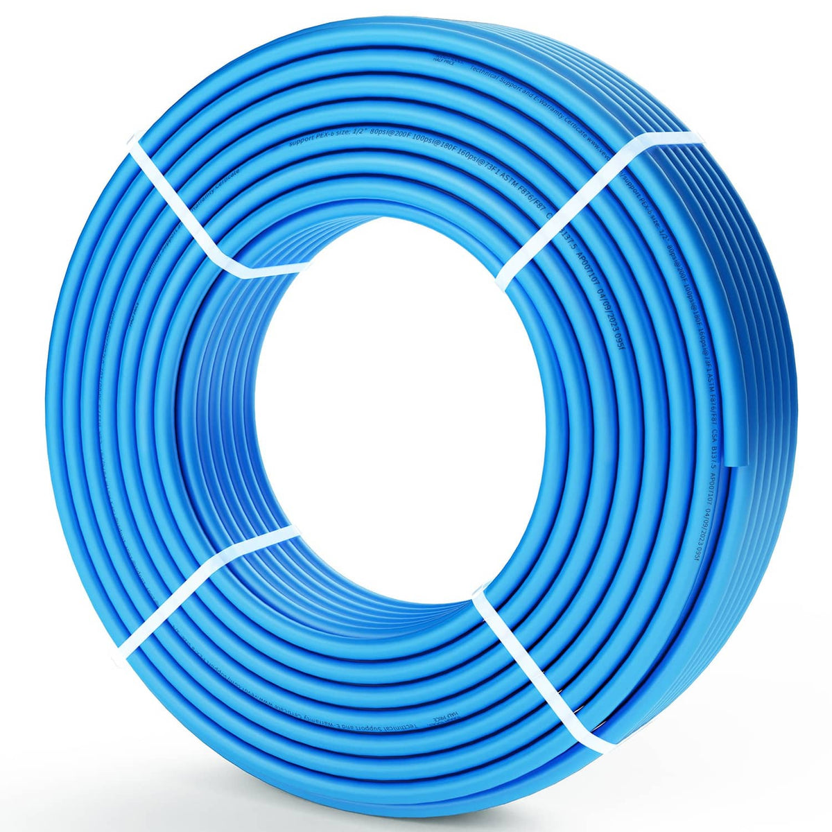 Blue PEX-B 1/2 in potable water tubing coil, bundled with white straps