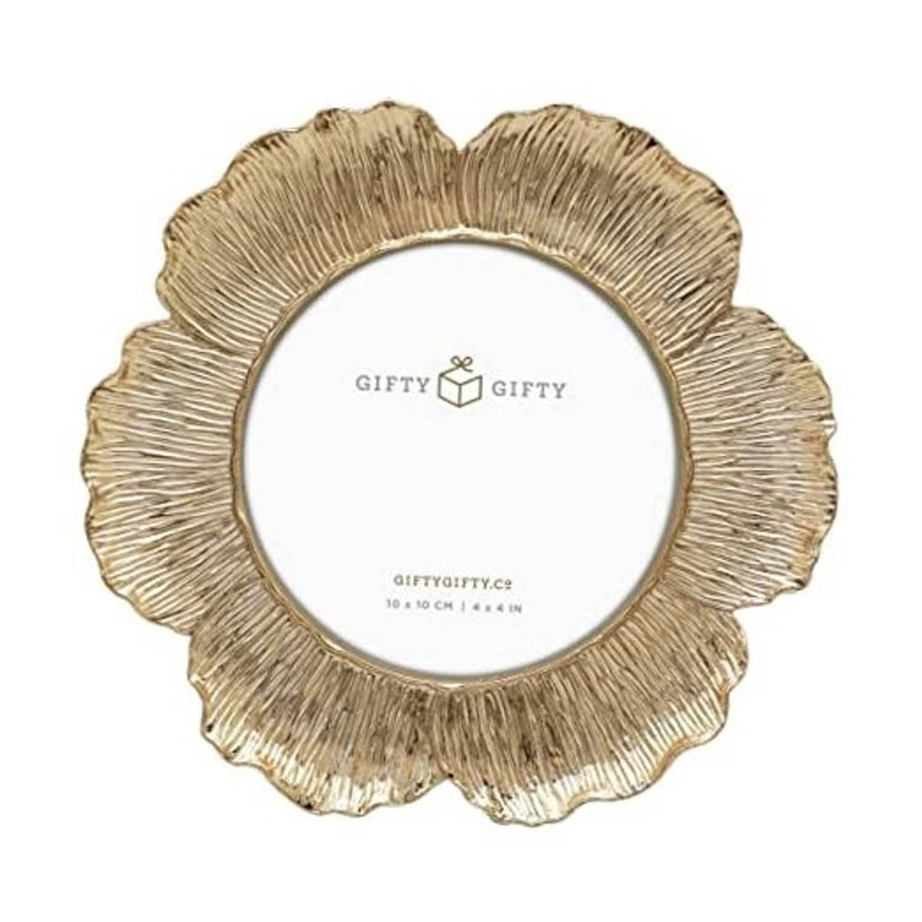 Gold circular floral photo frame with white inner mat and gift-style logo center.