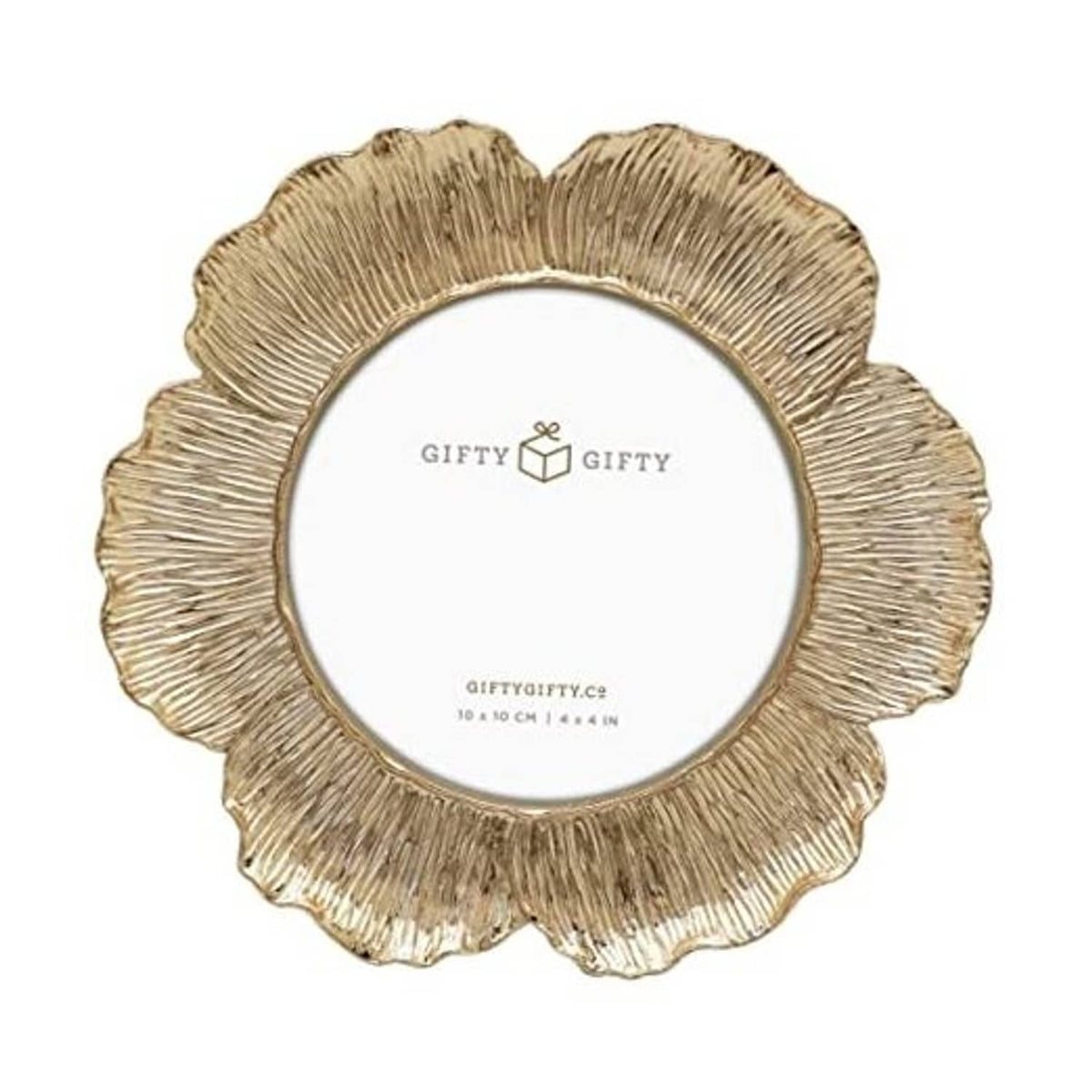 Gold circular floral photo frame with white inner mat and gift-style logo center.