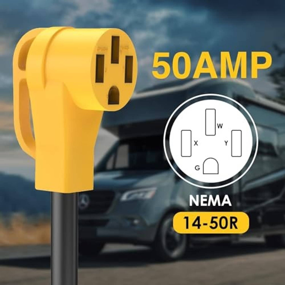 Yellow NEMA 14-50R twist-lock adapter plug, 50A-rated connector on black cord