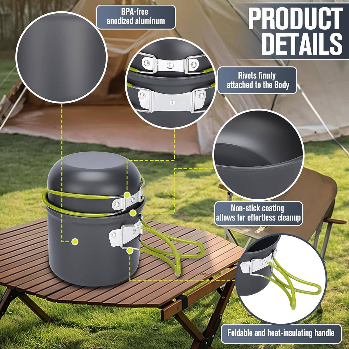 Black camping cookware set on folding table with two pots, green handle tools, and stove
