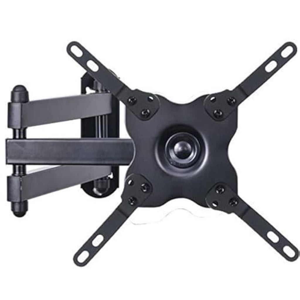 Full-motion TV wall mount bracket with tilt arm in angled position, black metal